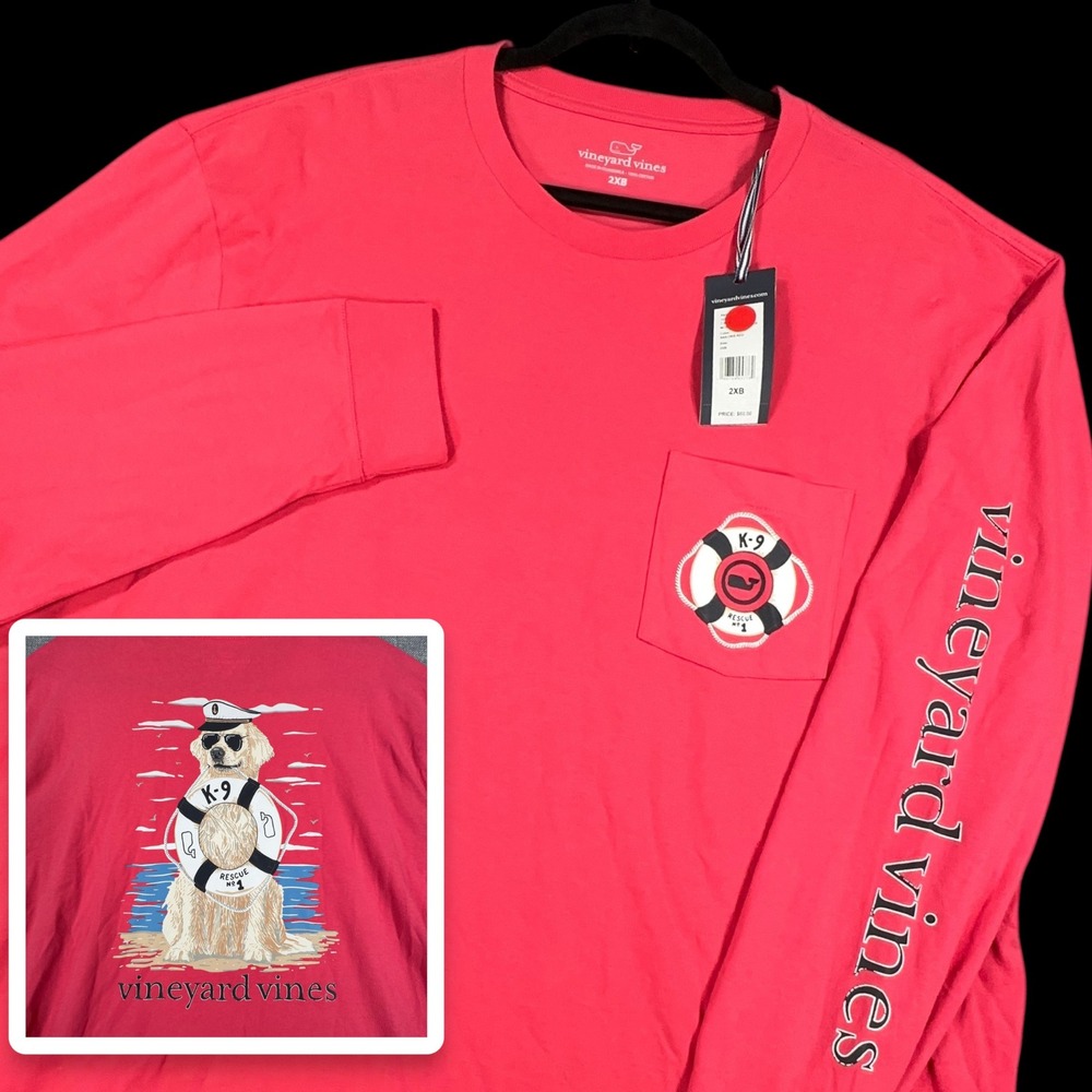 Vineyard Vines Rescue Pup Shirt Mens 2XB Red Long Sleeve K-9 Pocket Tee NEW